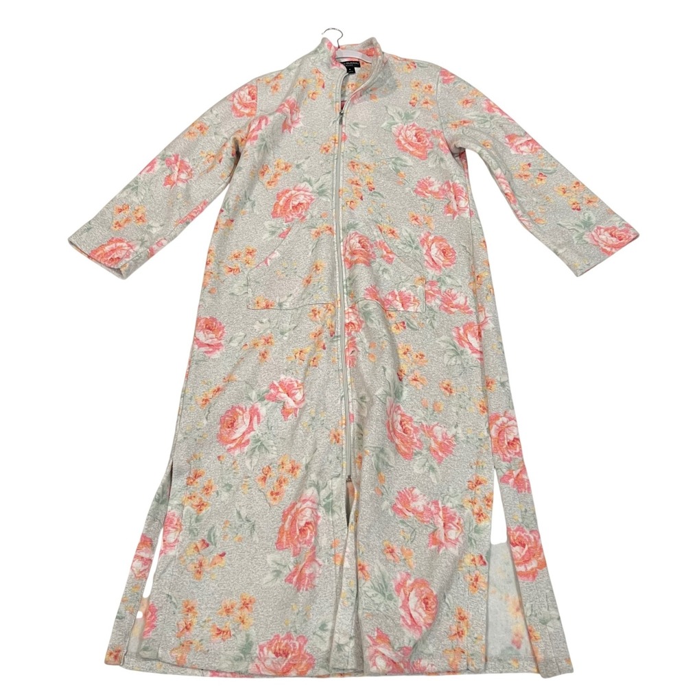 Miss Elaine Relax Womens Gray Pink Floral Fleece Zip Front Robe Housecoat 861016